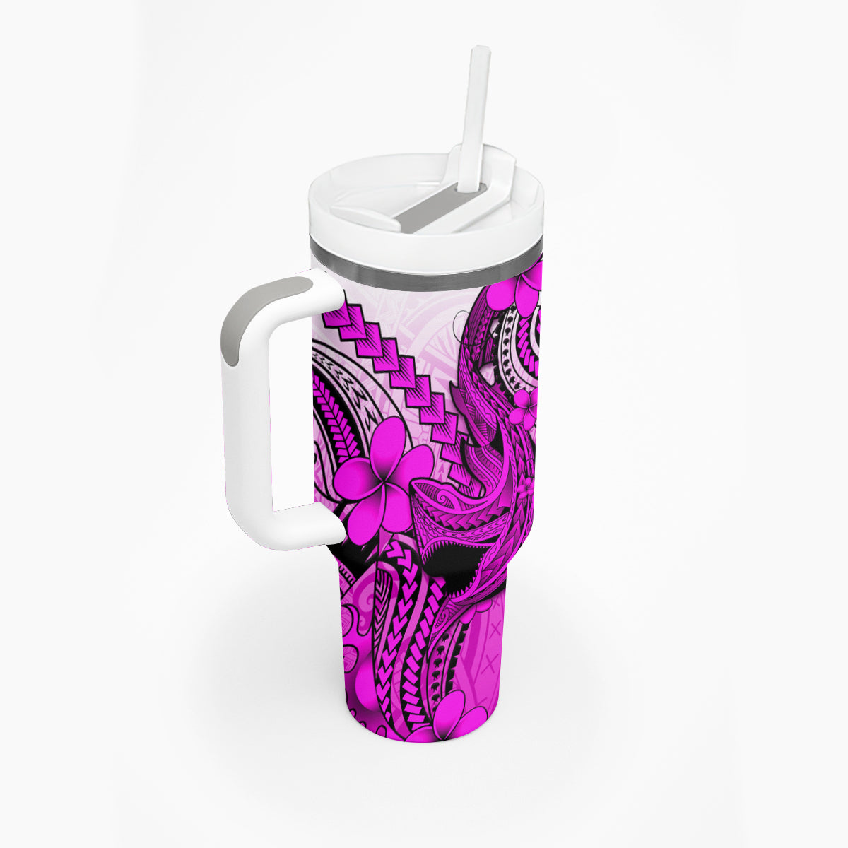 Hawaii Tumbler With Handle Polynesian Shark Tattoo With Plumeria Pink Gradient