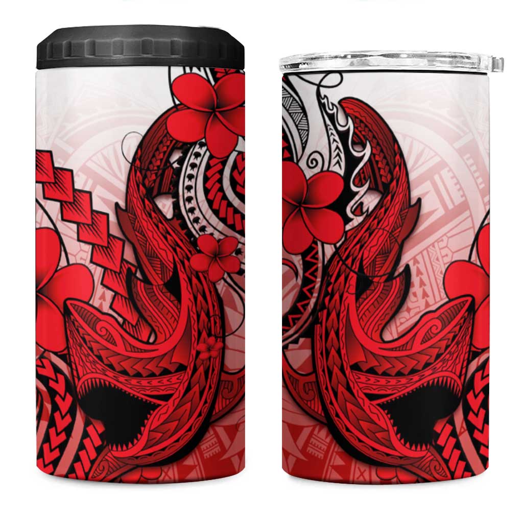 Hawaii 4 in 1 Can Cooler Tumbler Polynesian Shark Tattoo With Plumeria Red Gradient