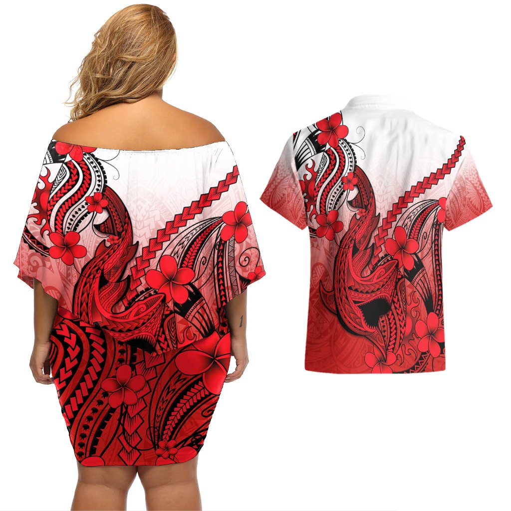 Hawaii Couples Matching Off Shoulder Short Dress and Hawaiian Shirt Polynesian Shark Tattoo With Plumeria Red Gradient LT14 - Polynesian Pride
