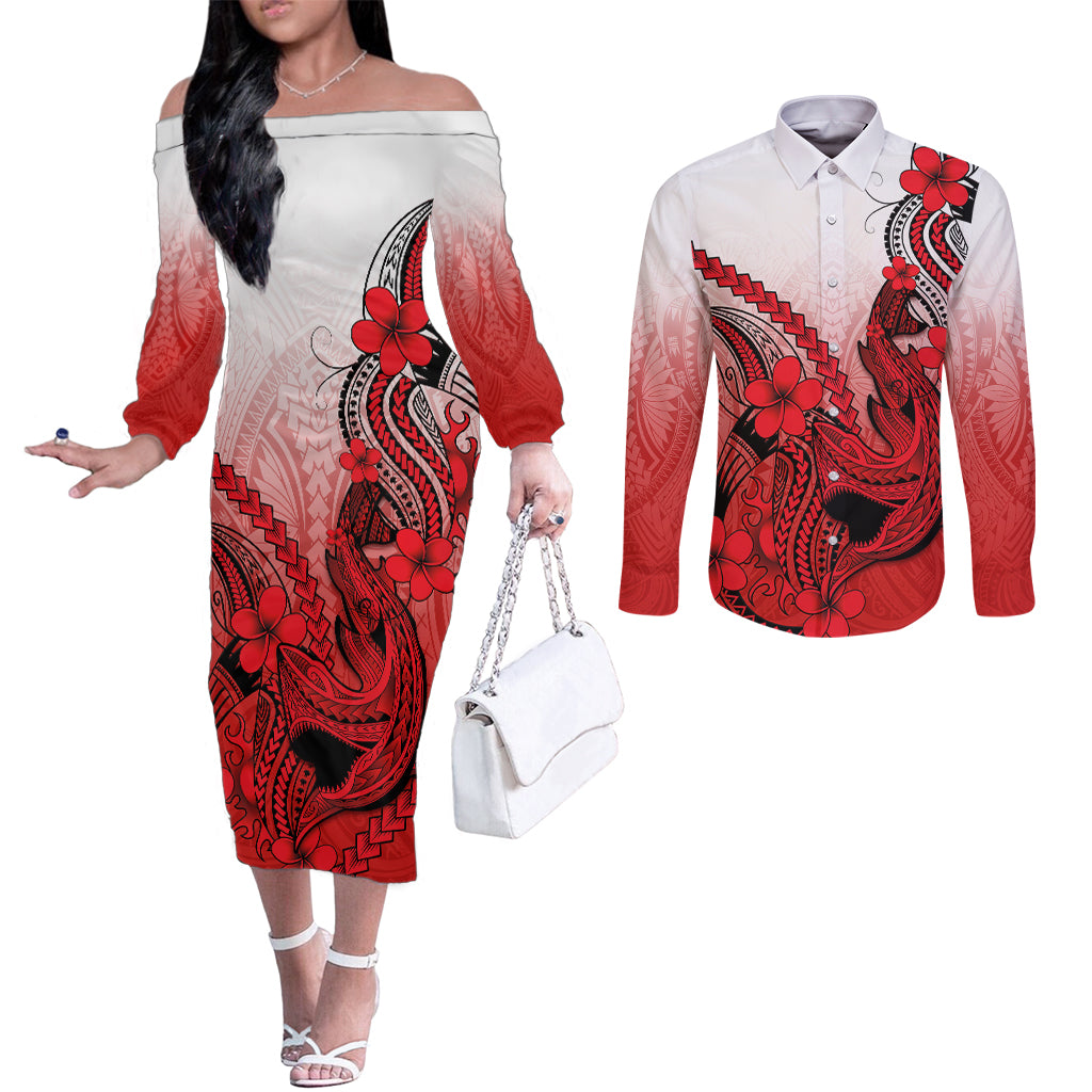 Hawaii Couples Matching Off The Shoulder Long Sleeve Dress and Long Sleeve Button Shirts Polynesian Shark Tattoo With Plumeria Red Gradient LT14 Red - Polynesian Pride