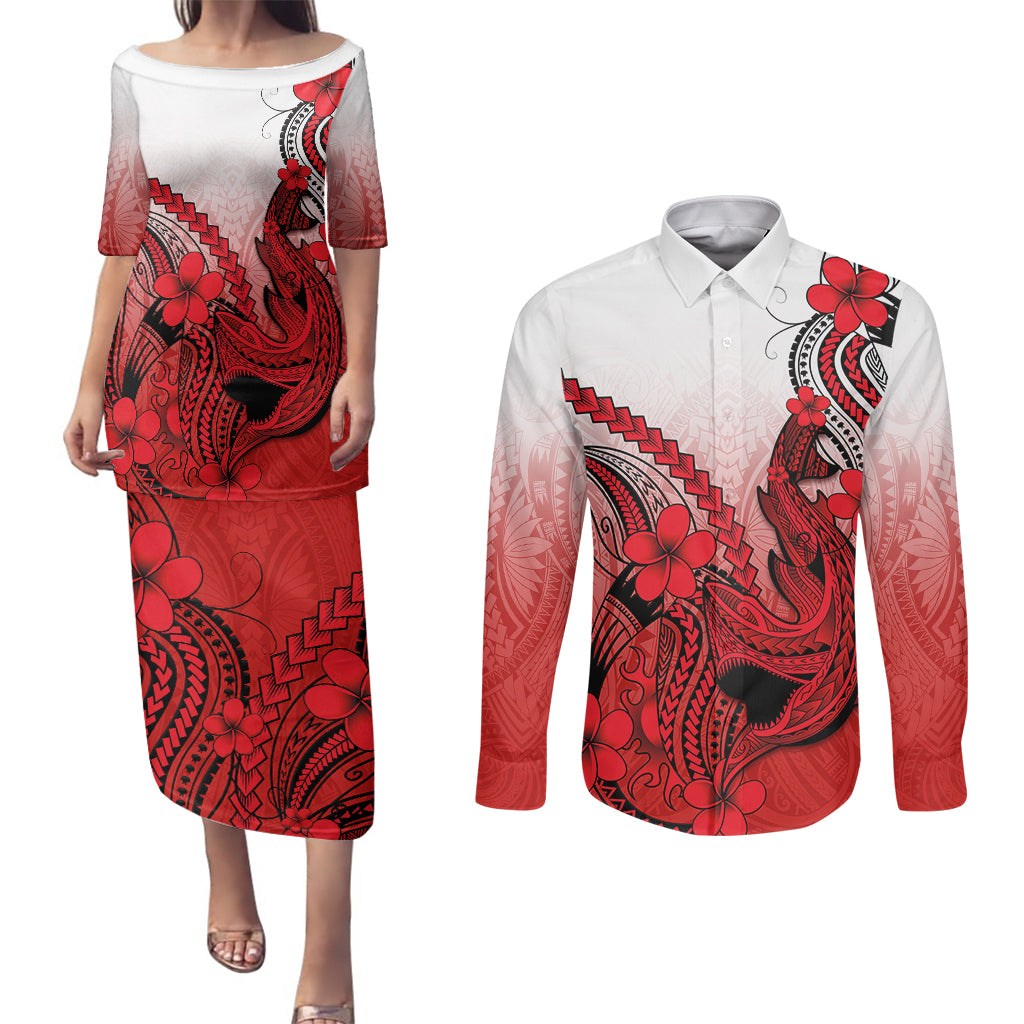 Hawaii Couples Matching Puletasi Dress and Long Sleeve Button Shirts Polynesian Shark Tattoo With Plumeria Red Gradient LT14 Red - Polynesian Pride