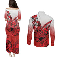 Hawaii Couples Matching Puletasi Dress and Long Sleeve Button Shirts Polynesian Shark Tattoo With Plumeria Red Gradient LT14 - Polynesian Pride