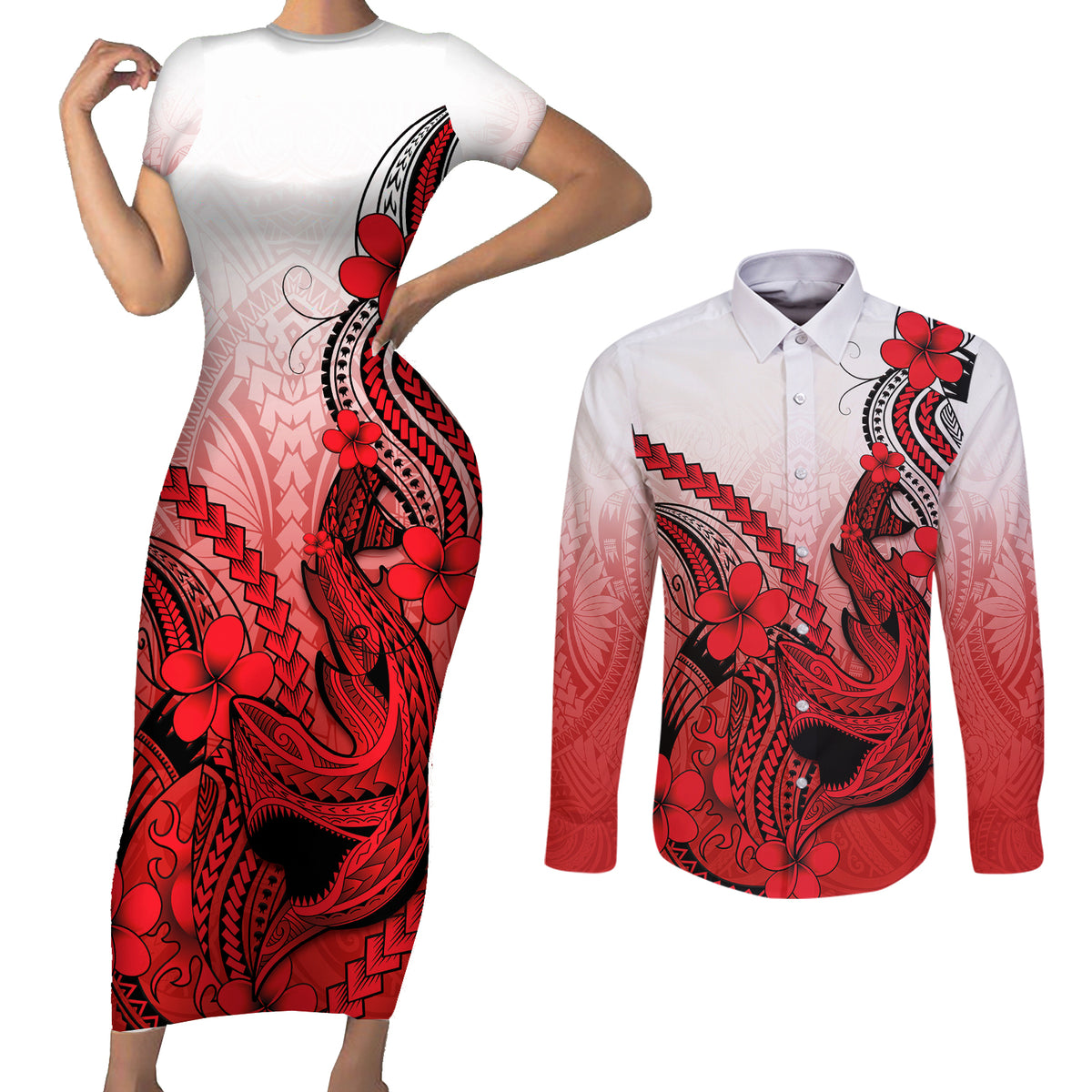 Hawaii Couples Matching Short Sleeve Bodycon Dress and Long Sleeve Button Shirts Polynesian Shark Tattoo With Plumeria Red Gradient LT14 Red - Polynesian Pride