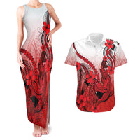 Hawaii Couples Matching Tank Maxi Dress And Hawaiian Shirt Polynesian Shark Tattoo With Plumeria Red Gradient LT14 Red - Polynesian Pride