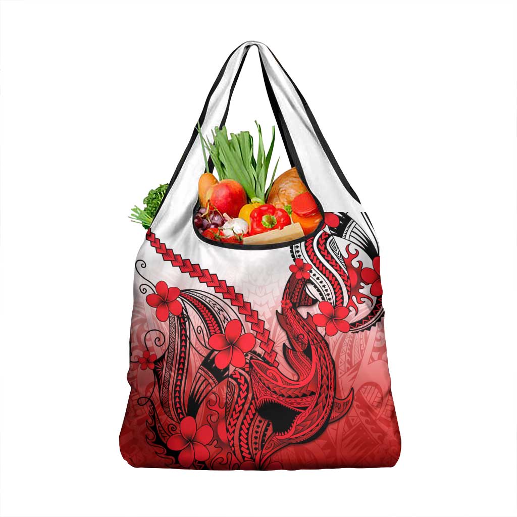 Red Gradient Hawaii Grocery Bag Polynesian Shark Tattoo With Plumeria