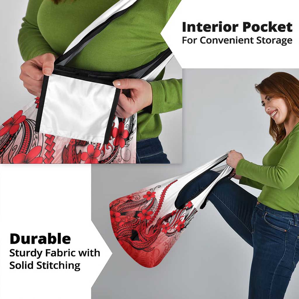 Red Gradient Hawaii Grocery Bag Polynesian Shark Tattoo With Plumeria