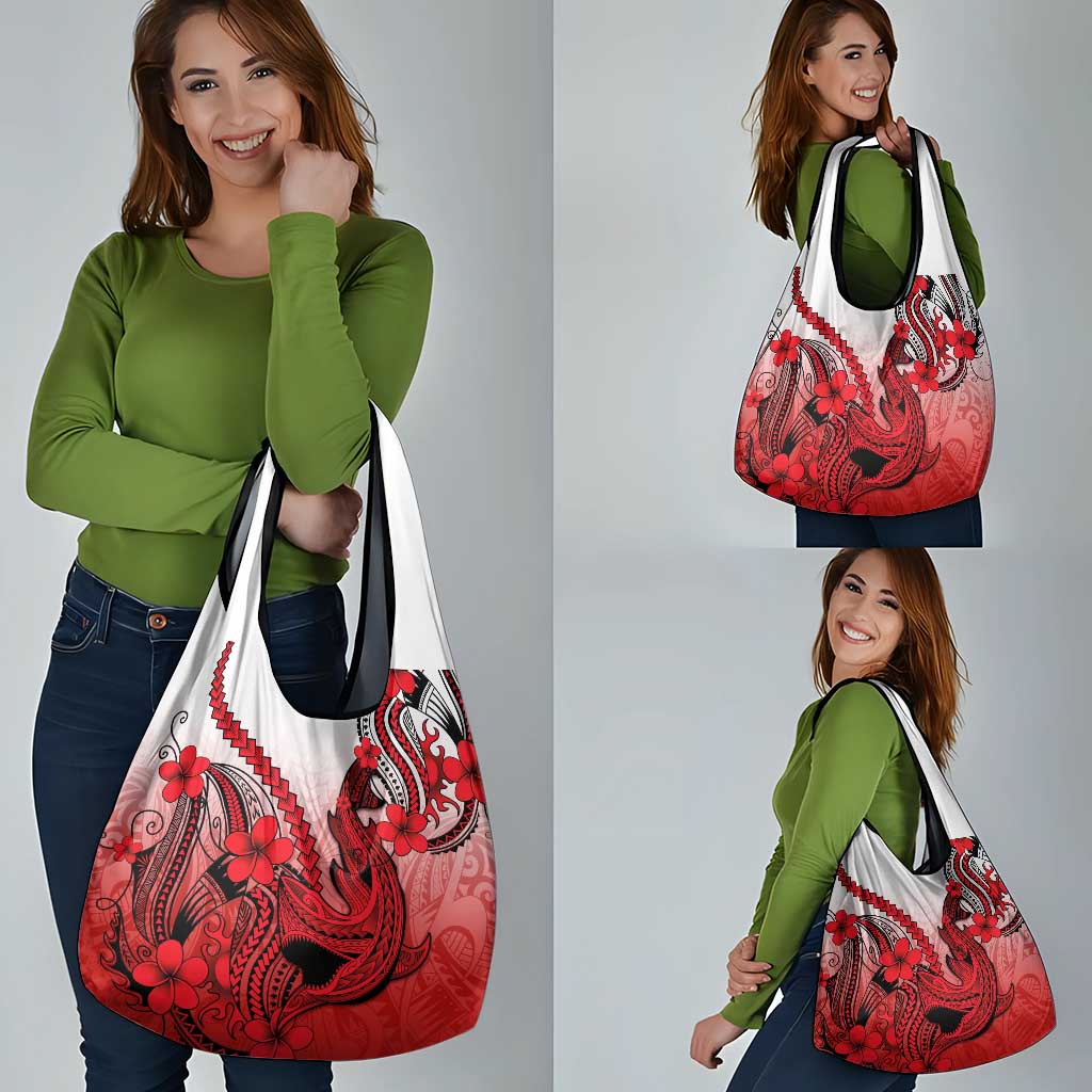 Red Gradient Hawaii Grocery Bag Polynesian Shark Tattoo With Plumeria