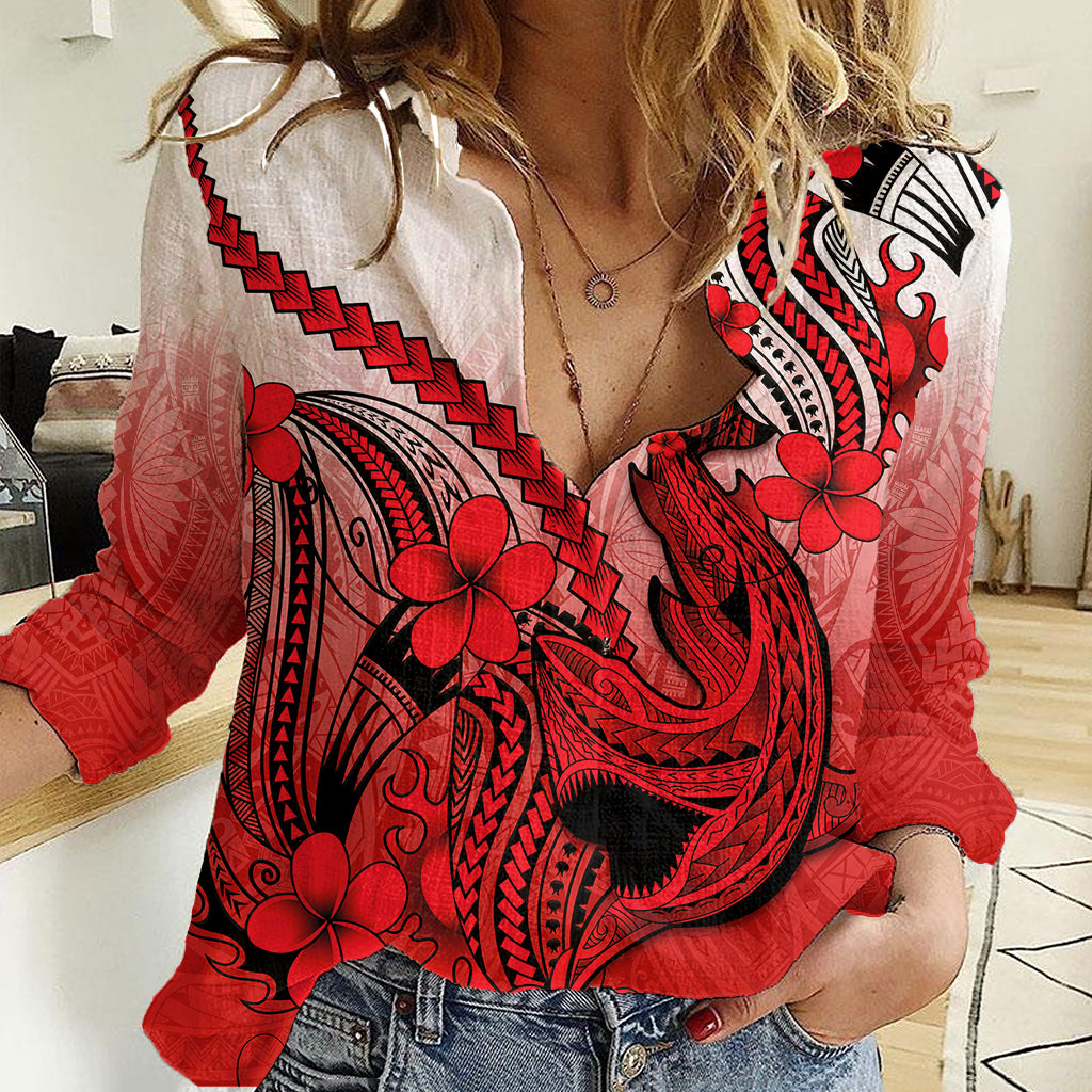 Hawaii Women Casual Shirt Polynesian Shark Tattoo With Plumeria Red Gradient LT14 Female Red - Polynesian Pride