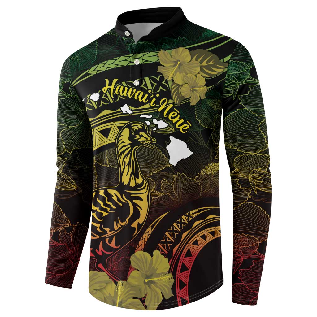 Personalised Hawaii Nene Goose Button Sweatshirt Hawaiian Map Hibiscus Polynesian Art - Reggae Gradient