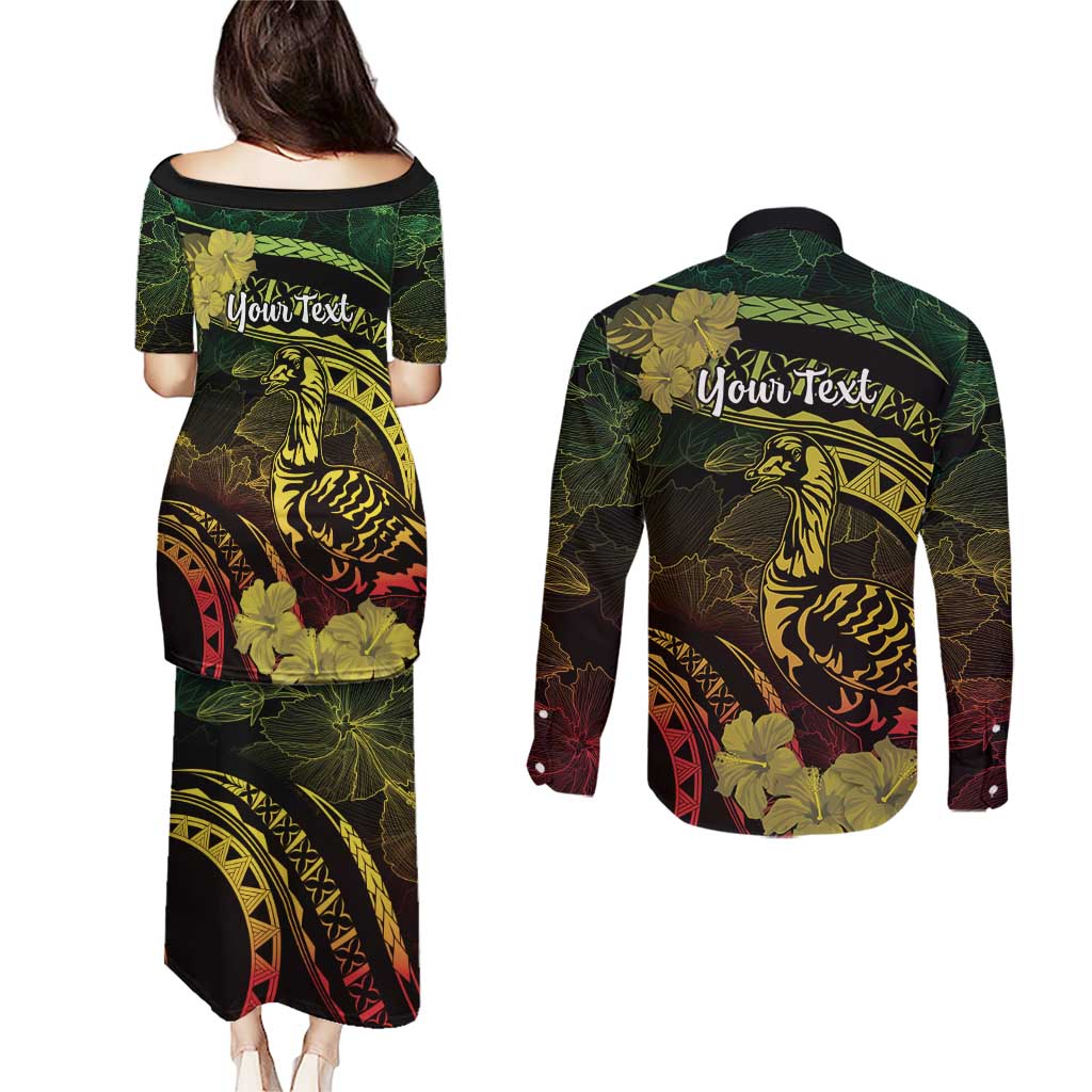 Personalised Hawaii Nene Goose Couples Matching Puletasi and Long Sleeve Button Shirt Hawaiian Map Hibiscus Polynesian Art - Reggae Gradient