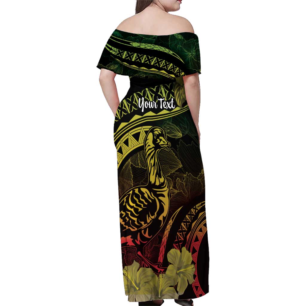 Personalised Hawaii Nene Goose Family Matching Off Shoulder Maxi Dress and Hawaiian Shirt Hawaiian Map Hibiscus Polynesian Art - Reggae Gradient
