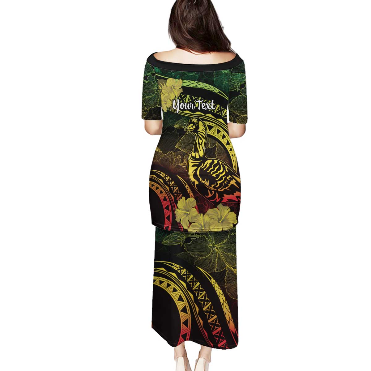 Personalised Hawaii Nene Goose Family Matching Puletasi and Hawaiian Shirt Hawaiian Map Hibiscus Polynesian Art - Reggae Gradient