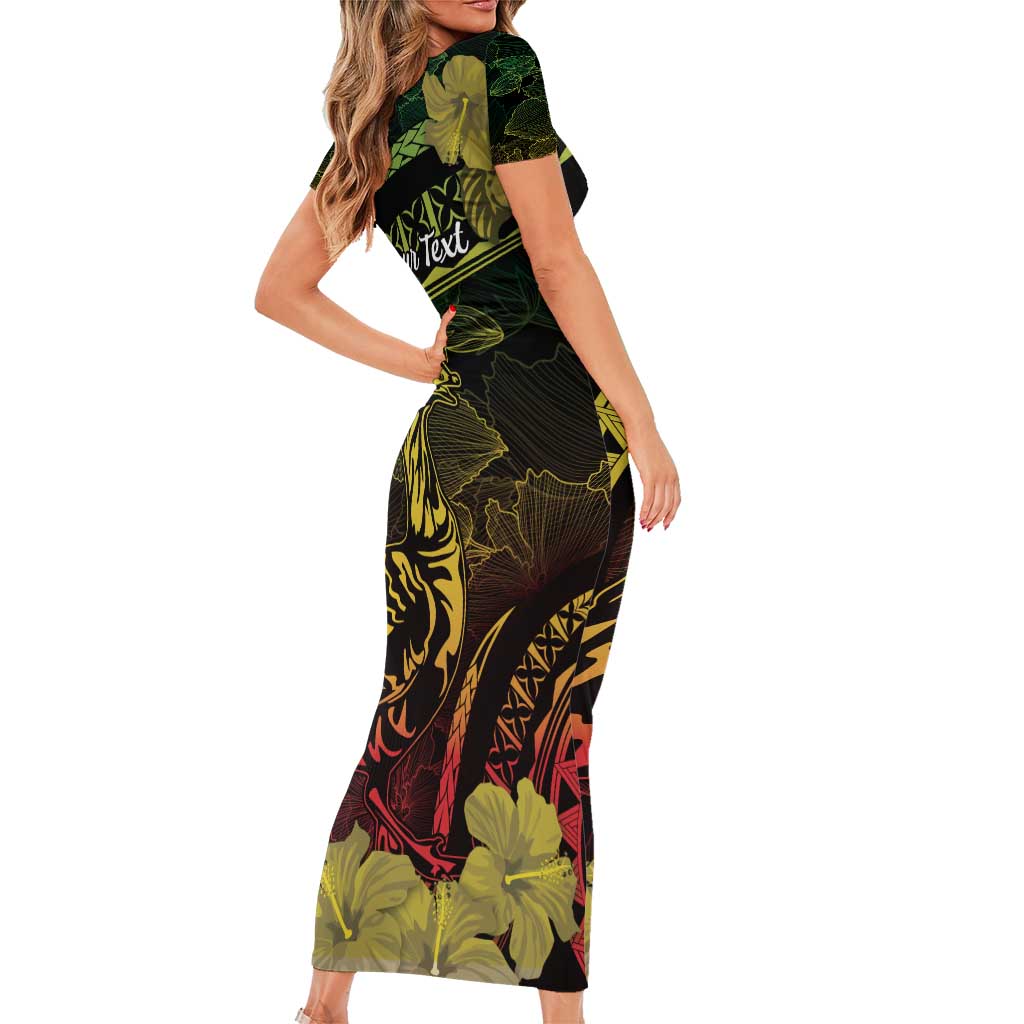 Personalised Hawaii Nene Goose Family Matching Short Sleeve Bodycon Dress and Hawaiian Shirt Hawaiian Map Hibiscus Polynesian Art - Reggae Gradient