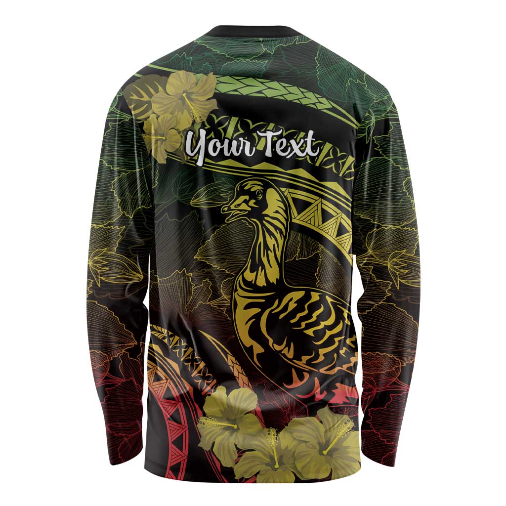Personalised Hawaii Nene Goose Long Sleeve Shirt Hawaiian Map Hibiscus Polynesian Art - Reggae Gradient