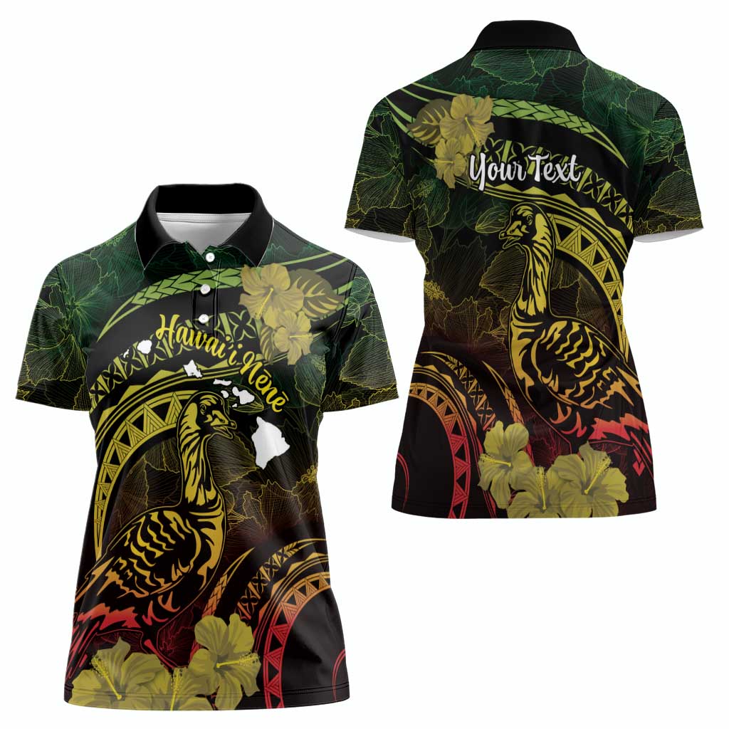 Personalised Hawaii Nene Goose Women Polo Shirt Hawaiian Map Hibiscus Polynesian Art - Reggae Gradient