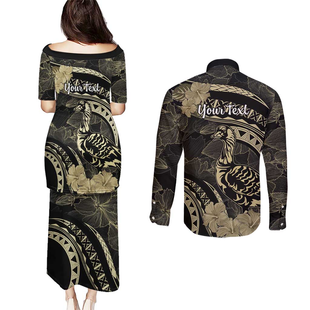 Personalised Hawaii Nene Goose Couples Matching Puletasi and Long Sleeve Button Shirt Hawaiian Map Hibiscus Polynesian Art - Beige