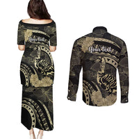 Personalised Hawaii Nene Goose Couples Matching Puletasi and Long Sleeve Button Shirt Hawaiian Map Hibiscus Polynesian Art - Beige