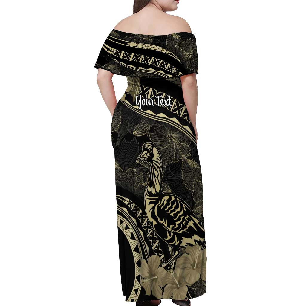 Personalised Hawaii Nene Goose Off Shoulder Maxi Dress Hawaiian Map Hibiscus Polynesian Art - Beige