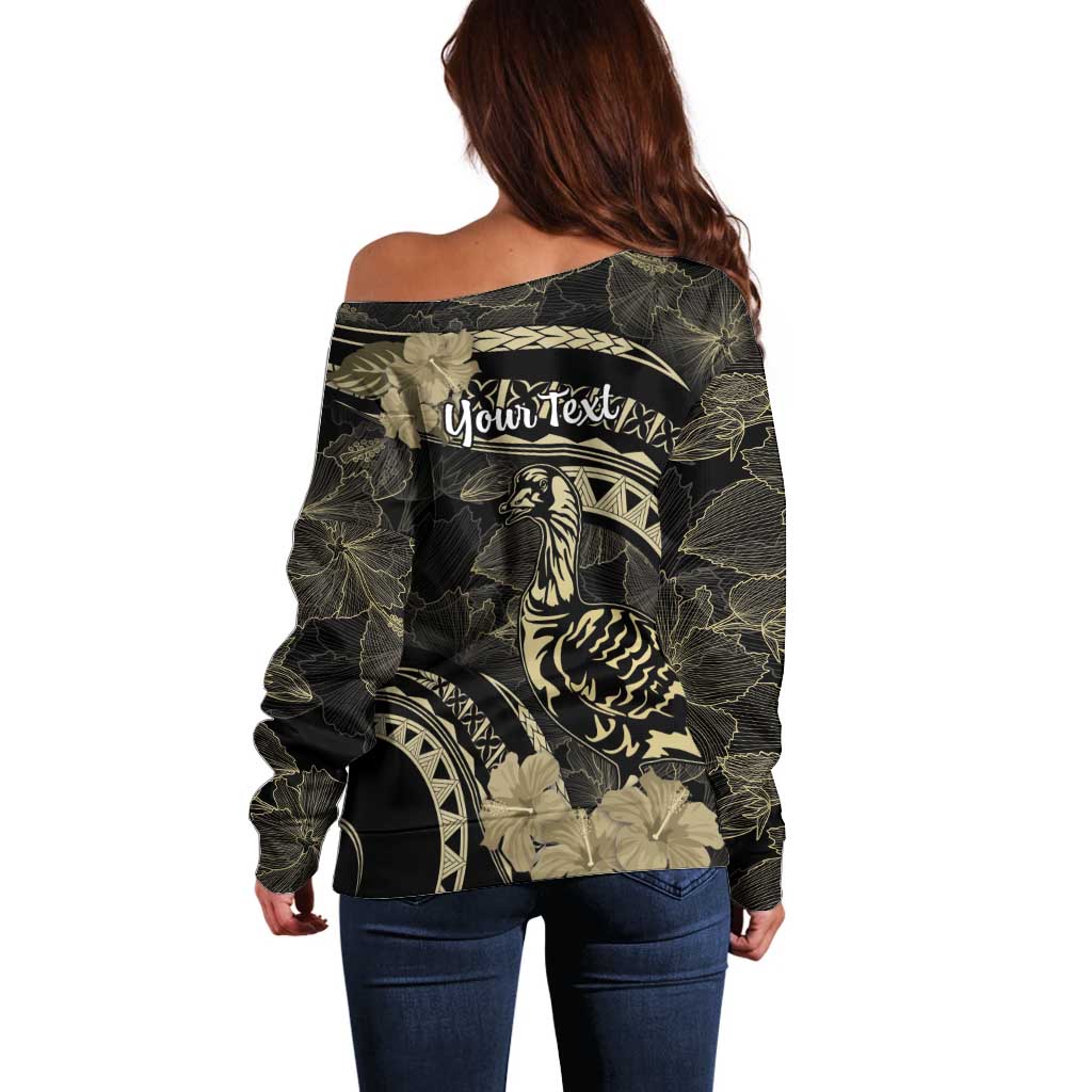 Personalised Hawaii Nene Goose Off Shoulder Sweater Hawaiian Map Hibiscus Polynesian Art - Beige