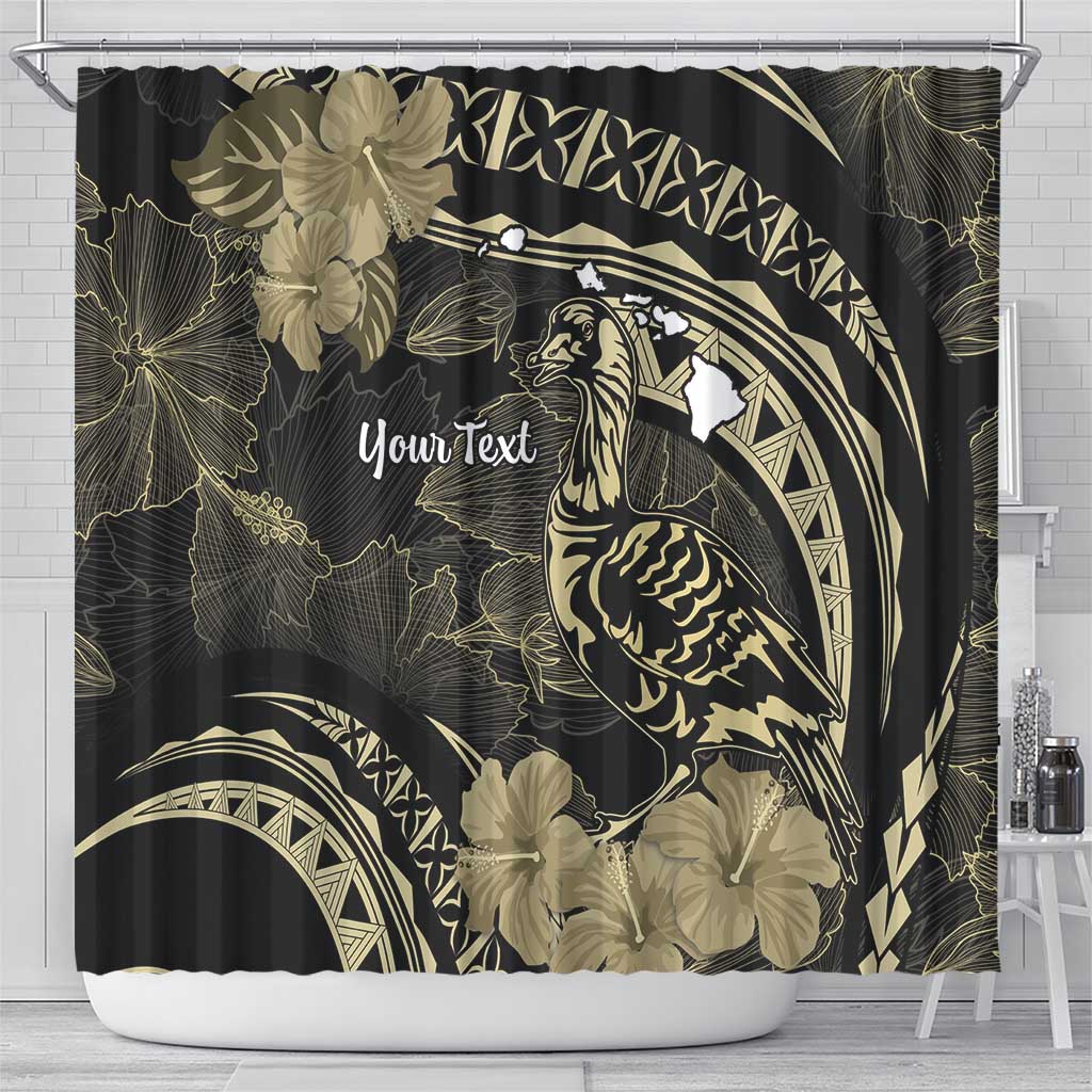 Personalised Hawaii Nene Goose Shower Curtain Hawaiian Map Hibiscus Polynesian Art - Beige