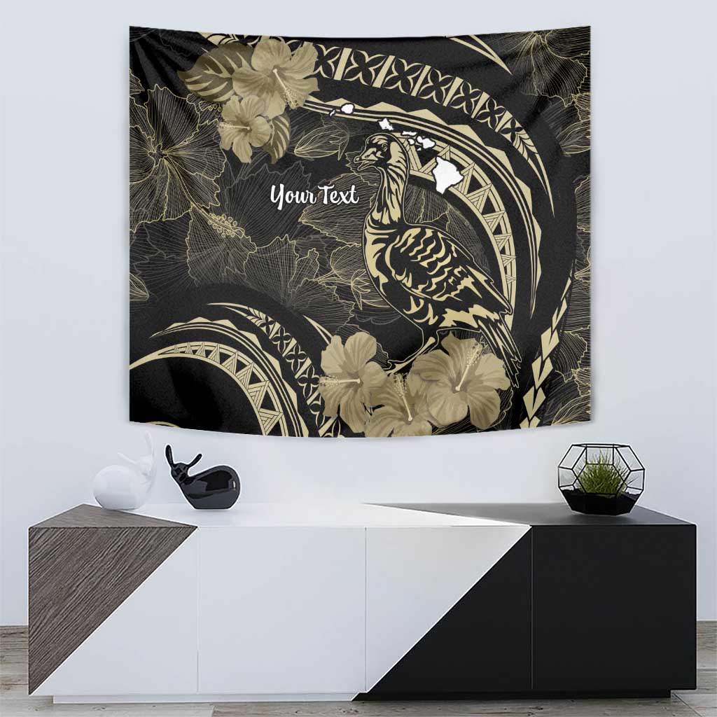 Personalised Hawaii Nene Goose Tapestry Hawaiian Map Hibiscus Polynesian Art - Beige