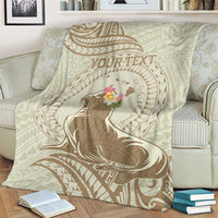 Personalised Hawaii Monk Seal Blanket Polynesian Tattoo With Tropical Flowers - Beige Pastel