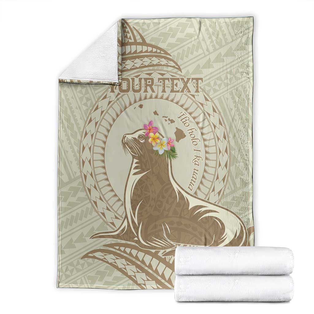 Personalised Hawaii Monk Seal Blanket Polynesian Tattoo With Tropical Flowers - Beige Pastel