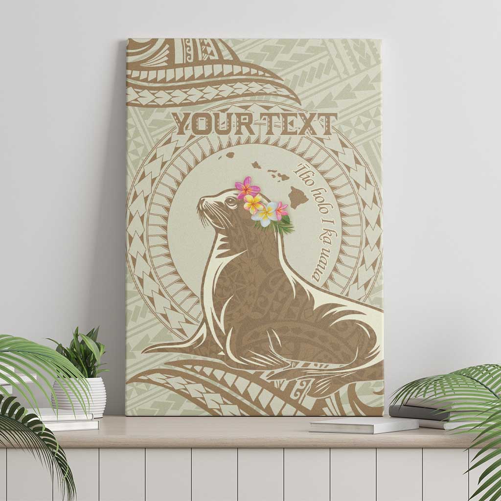 Personalised Hawaii Monk Seal Canvas Wall Art Polynesian Tattoo With Tropical Flowers - Beige Pastel