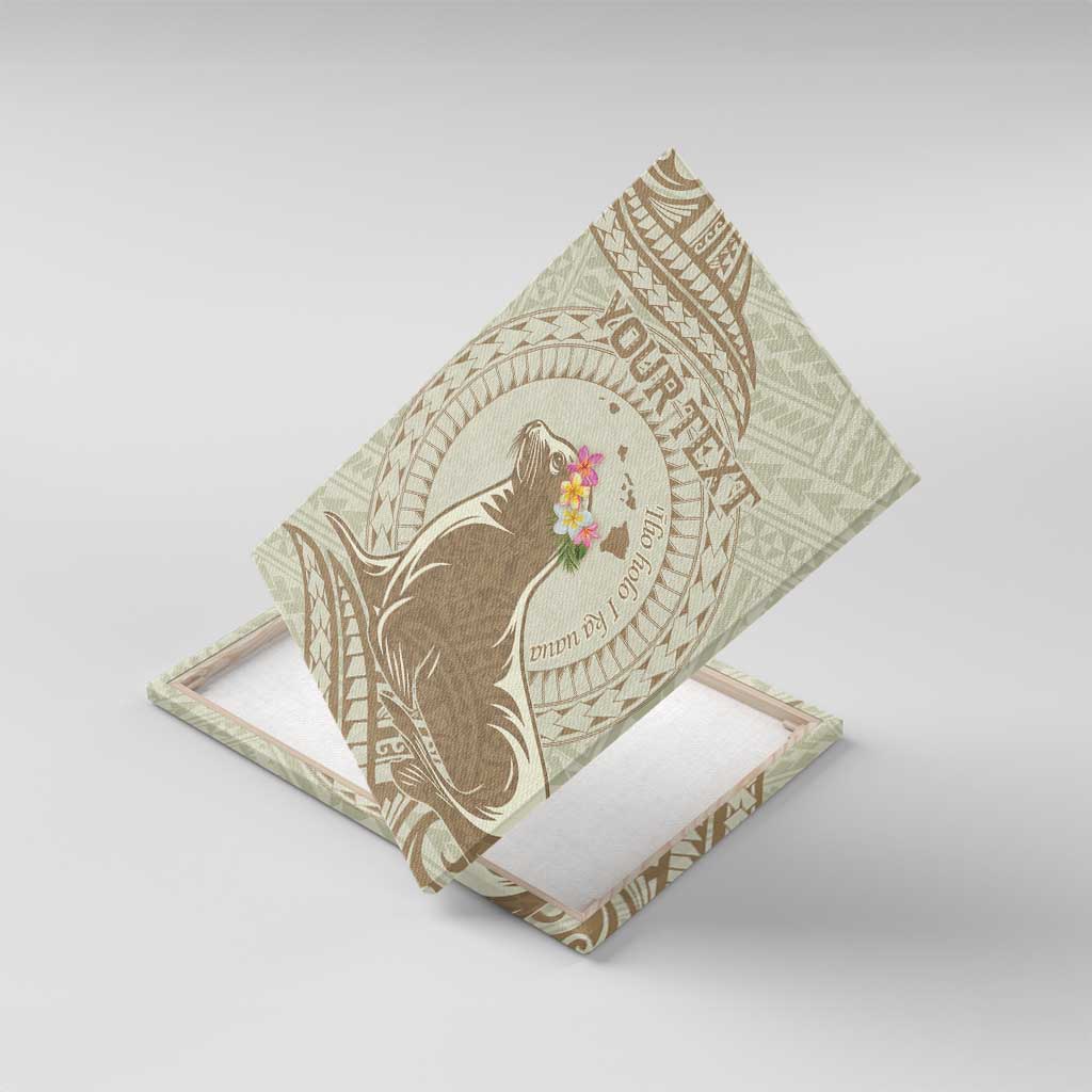 Personalised Hawaii Monk Seal Canvas Wall Art Polynesian Tattoo With Tropical Flowers - Beige Pastel
