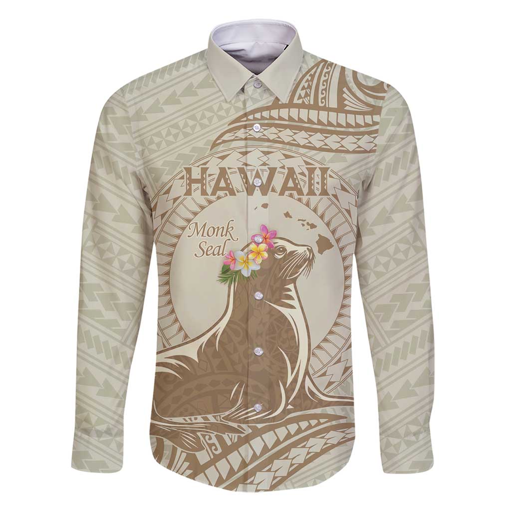 Personalised Hawaii Monk Seal Family Matching Long Sleeve Bodycon Dress and Hawaiian Shirt Polynesian Tattoo With Tropical Flowers - Beige Pastel