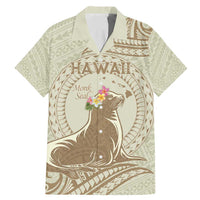 Personalised Hawaii Monk Seal Family Matching Mermaid Dress and Hawaiian Shirt Polynesian Tattoo With Tropical Flowers - Beige Pastel
