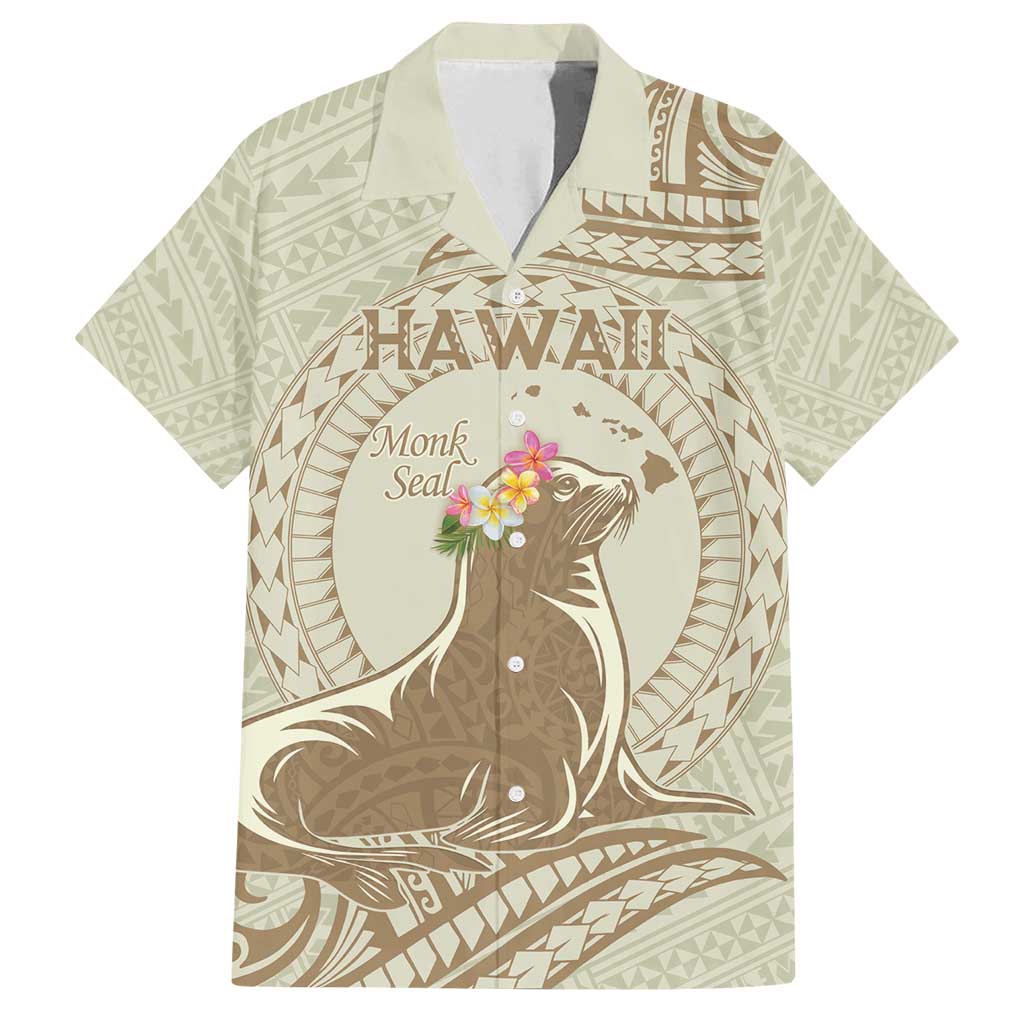 Personalised Hawaii Monk Seal Family Matching Tank Maxi Dress and Hawaiian Shirt Polynesian Tattoo With Tropical Flowers - Beige Pastel
