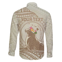 Personalised Hawaii Monk Seal Family Matching Tank Maxi Dress and Hawaiian Shirt Polynesian Tattoo With Tropical Flowers - Beige Pastel