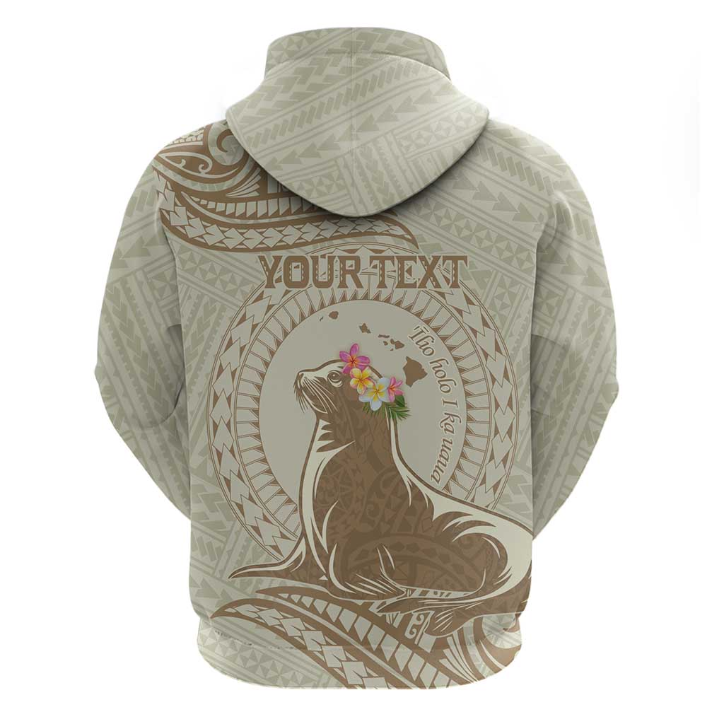 Personalised Hawaii Monk Seal Hoodie Polynesian Tattoo With Tropical Flowers - Beige Pastel