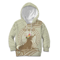 Personalised Hawaii Monk Seal Kid Hoodie Polynesian Tattoo With Tropical Flowers - Beige Pastel LT14 Hoodie Beige - Polynesian Pride