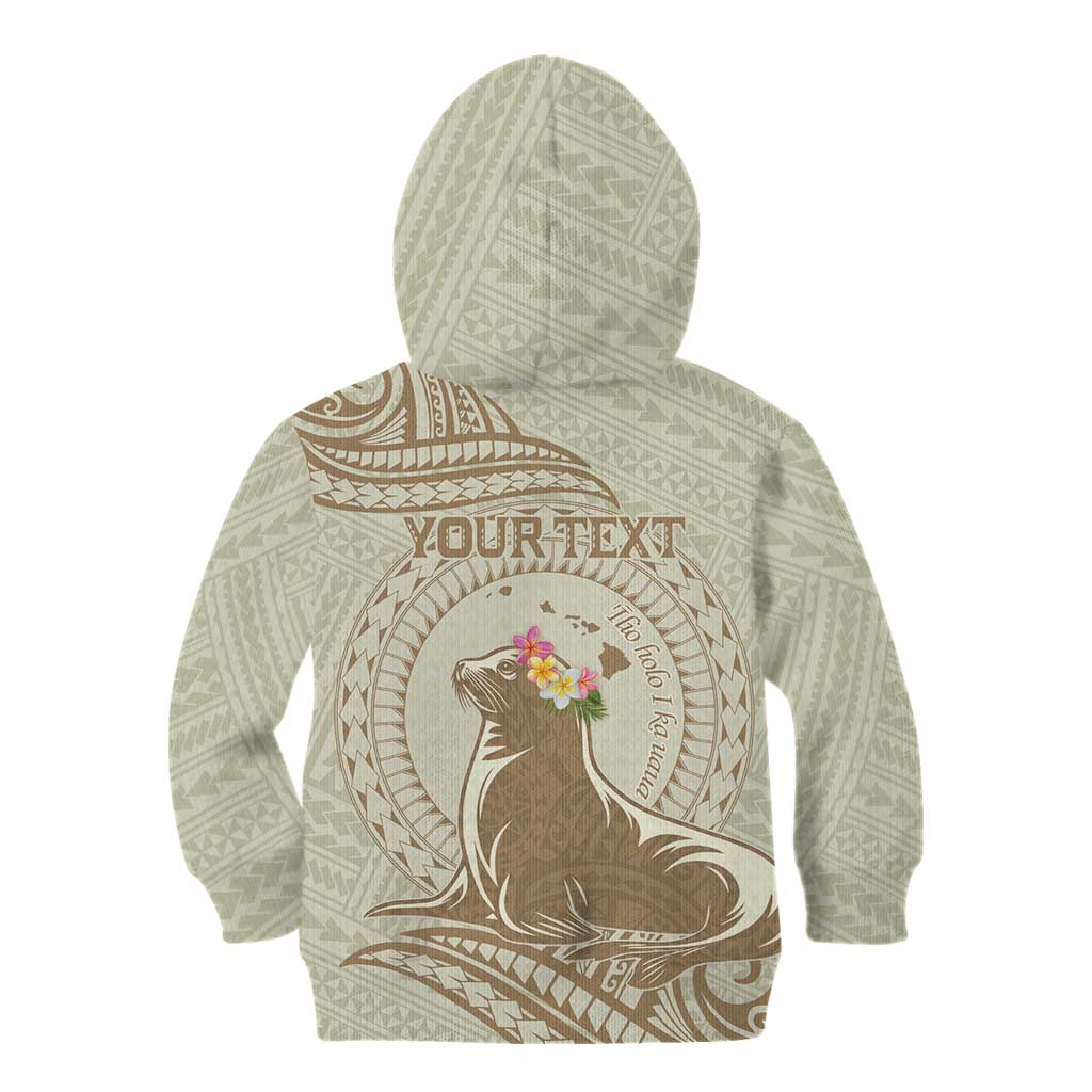 Personalised Hawaii Monk Seal Kid Hoodie Polynesian Tattoo With Tropical Flowers - Beige Pastel LT14 - Polynesian Pride