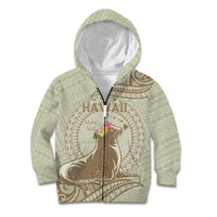 Personalised Hawaii Monk Seal Kid Hoodie Polynesian Tattoo With Tropical Flowers - Beige Pastel LT14 Zip Hoodie Beige - Polynesian Pride