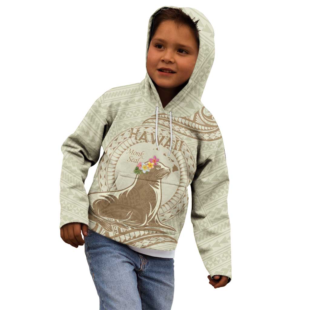 Personalised Hawaii Monk Seal Kid Hoodie Polynesian Tattoo With Tropical Flowers - Beige Pastel LT14 - Polynesian Pride
