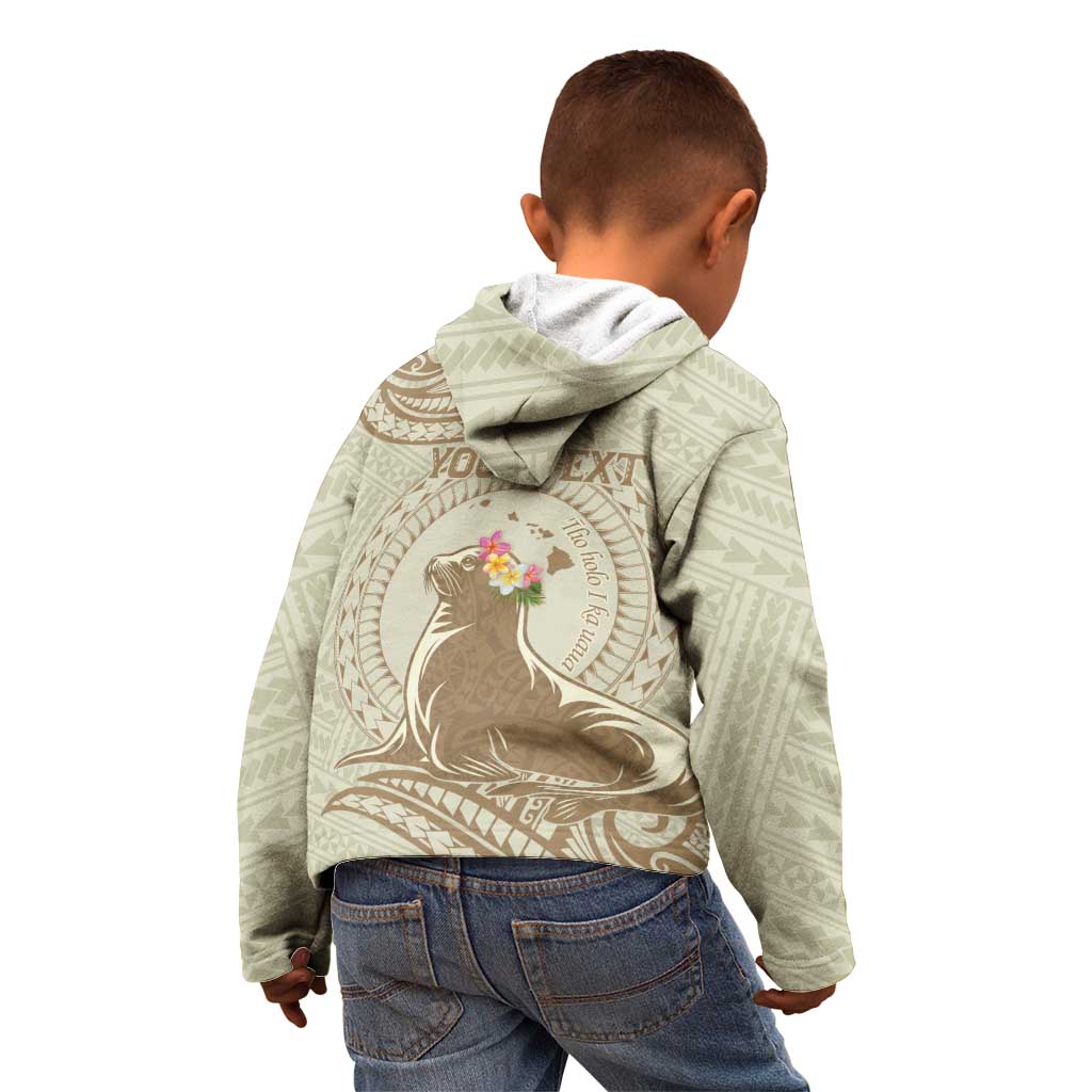 Personalised Hawaii Monk Seal Kid Hoodie Polynesian Tattoo With Tropical Flowers - Beige Pastel LT14 - Polynesian Pride