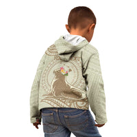 Personalised Hawaii Monk Seal Kid Hoodie Polynesian Tattoo With Tropical Flowers - Beige Pastel LT14 - Polynesian Pride