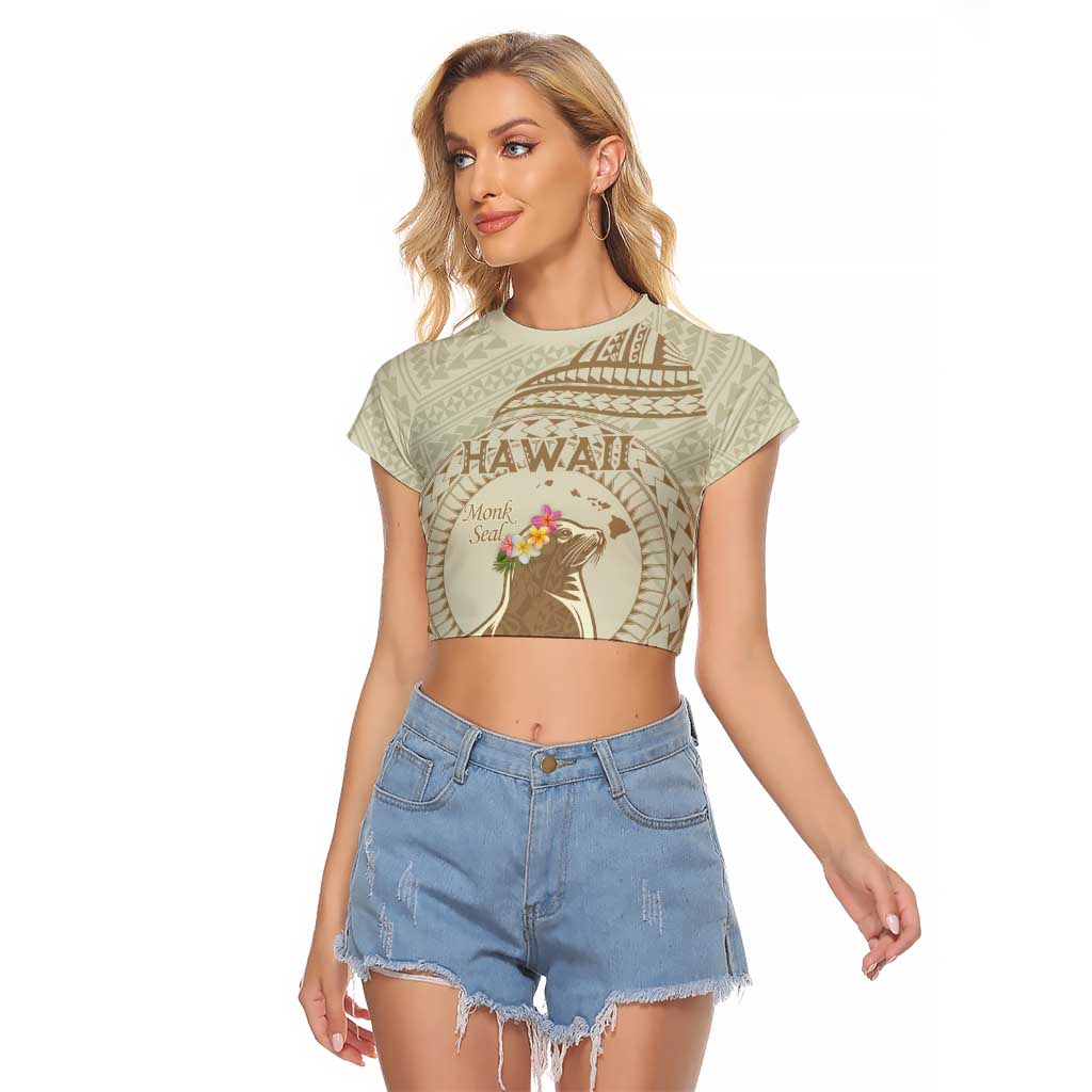 Personalised Hawaii Monk Seal Raglan Cropped T Shirt Polynesian Tattoo With Tropical Flowers - Beige Pastel LT14 Female Beige - Polynesian Pride