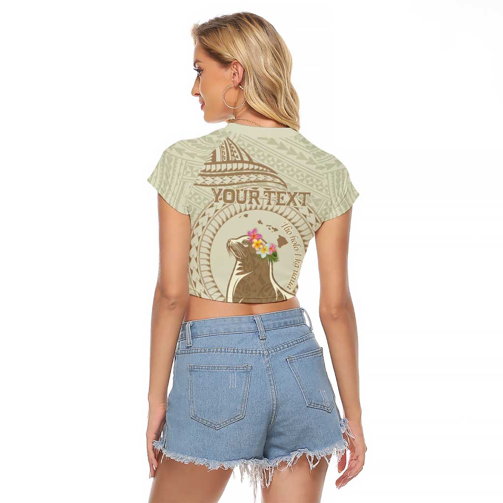 Personalised Hawaii Monk Seal Raglan Cropped T Shirt Polynesian Tattoo With Tropical Flowers - Beige Pastel LT14 - Polynesian Pride