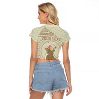 Personalised Hawaii Monk Seal Raglan Cropped T Shirt Polynesian Tattoo With Tropical Flowers - Beige Pastel LT14 - Polynesian Pride