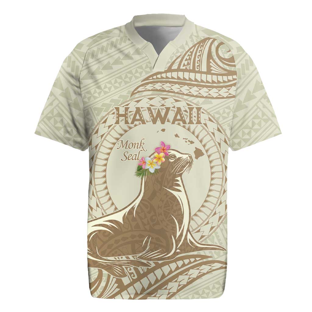 Personalised Hawaii Monk Seal Rugby Jersey Polynesian Tattoo With Tropical Flowers - Beige Pastel
