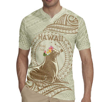 Personalised Hawaii Monk Seal Rugby Jersey Polynesian Tattoo With Tropical Flowers - Beige Pastel