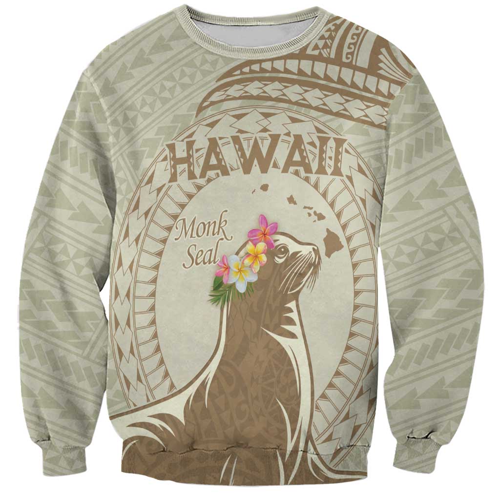 Personalised Hawaii Monk Seal Sweatshirt Polynesian Tattoo With Tropical Flowers - Beige Pastel LT14 Unisex Beige - Polynesian Pride