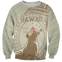 Personalised Hawaii Monk Seal Sweatshirt Polynesian Tattoo With Tropical Flowers - Beige Pastel LT14 Unisex Beige - Polynesian Pride