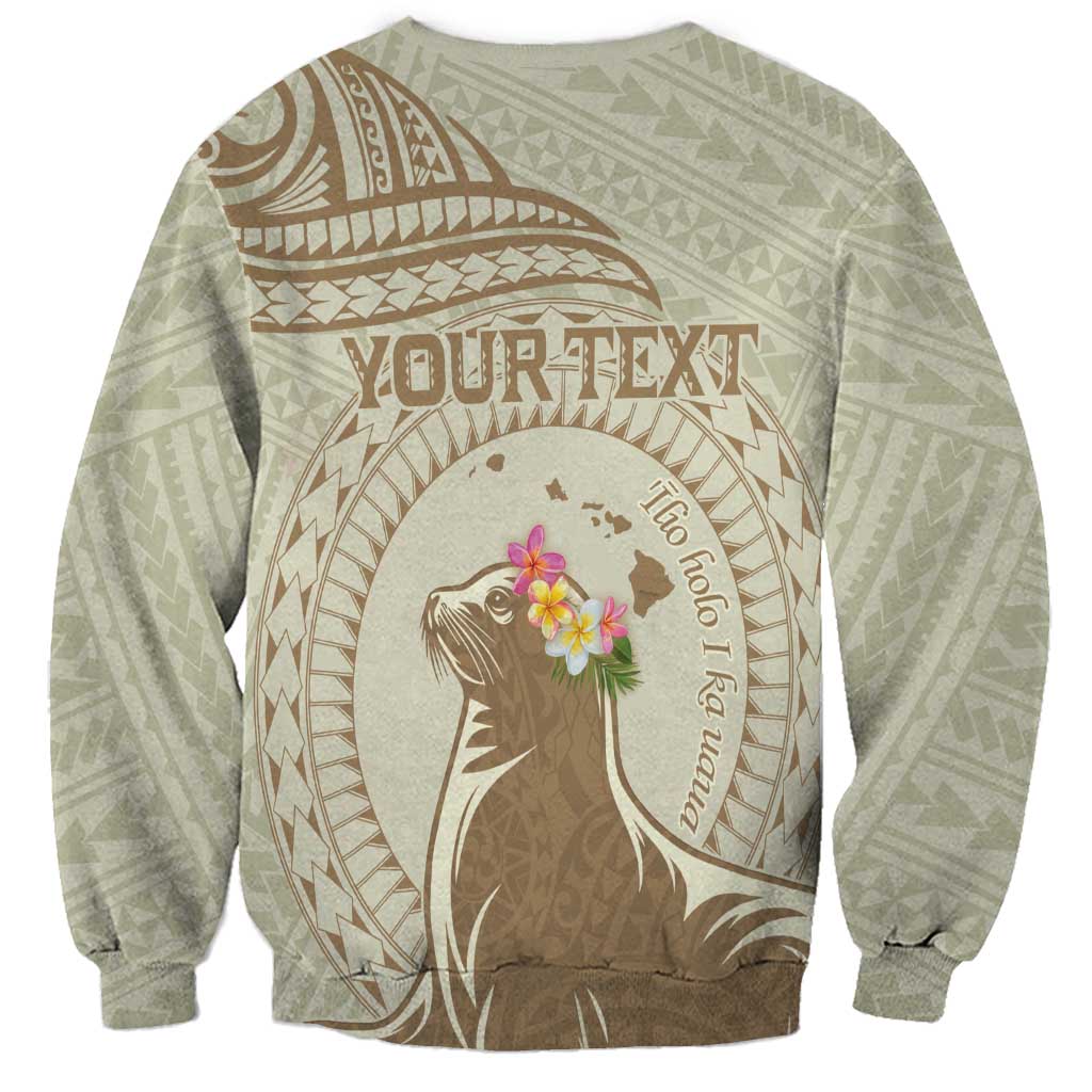 Personalised Hawaii Monk Seal Sweatshirt Polynesian Tattoo With Tropical Flowers - Beige Pastel LT14 - Polynesian Pride