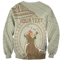 Personalised Hawaii Monk Seal Sweatshirt Polynesian Tattoo With Tropical Flowers - Beige Pastel LT14 - Polynesian Pride