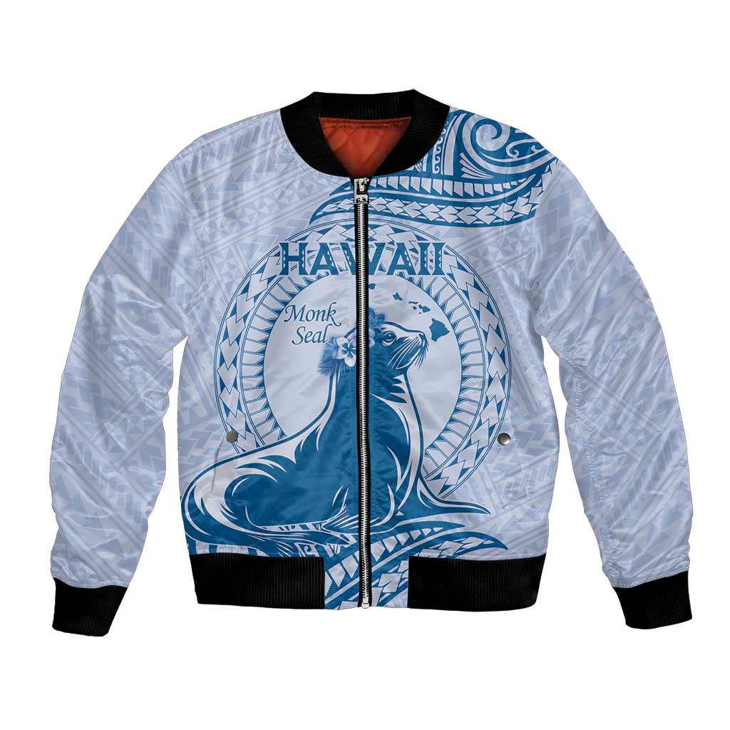 Personalised Hawaii Monk Seal Bomber Jacket Polynesian Tattoo With Tropical Flowers - Blue Pastel